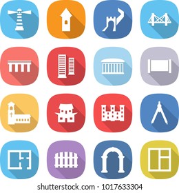 flat vector icon set - lighthouse vector, tower, greate wall, bridge, skyscrapers, airport building, fence, church, japanese house, palace, drawing compasses, plan, arch, window