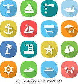 flat vector icon set - lighthouse vector, boat, sea shipping, anchor, sail, lounger, palm, pool, starfish, flippers, handwheel, jet ski, yacht, hammock