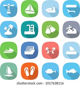 flat vector icon set - lighthouse vector, boat, sea shipping, lounger, island, pool, flippers, surfer, jet ski, cruise ship, palm hammock, shark flipper, windsurfing, flip flops, fish