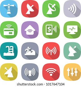flat vector icon set - lighthouse vector, satellite antenna, wireless, tap to pay, home, mobile, monitor pulse, pool, surfer, setup