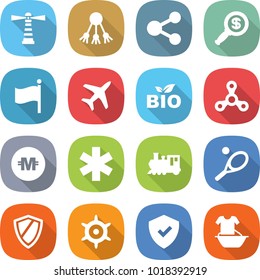 flat vector icon set - lighthouse vector, share, dollar magnifier, flag, plane, bio, spinner, crypto currency, ambulance star, train, tennis, shield, handwheel, handle washing