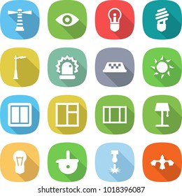 flat vector icon set - lighthouse vector, eye, bulb, outdoor light, alarm, taxi, sun, power switch, window, floor lamp, ladle, laser, hard reach place cleaning