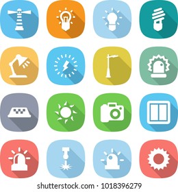 flat vector icon set - lighthouse vector, bulb, table lamp, lightning, outdoor light, alarm, taxi, sun, camera, power switch, laser, siren