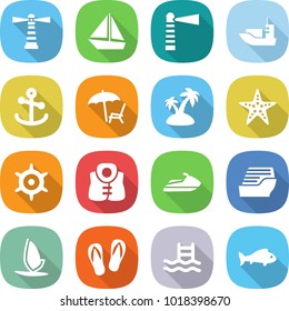 flat vector icon set - lighthouse vector, boat, sea shipping, anchor, lounger, island, starfish, handwheel, life vest, jet ski, cruise ship, windsurfing, flip flops, pool, fish