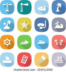 flat vector icon set - lighthouse vector, sea shipping, palm, island, starfish, diving mask, surfer, handwheel, jet ski, yacht, hammock, shark flipper, inflatable mattress, jellyfish, pool