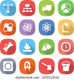 flat vector icon set - lighthouse vector, hierarchy, truck, diagram, atom core, table lamp, broken bone, flammable, flippers, watch, ring button, led, turk, foam bucket