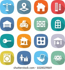 flat vector icon set - lighthouse vector, pointer, home, skyscrapers, garage, modern architecture, brick wall, arch window, key, hob, warehouse, washing machine, kitchen cleaning, floor, outsource