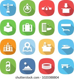 flat vector icon set - lighthouse vector, rocket, drawbridge, package, suitcase, hotel, lounger, map, reception, yacht, do not distrub, landscape, inflatable pool, trailer