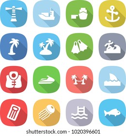 flat vector icon set - lighthouse vector, sea shipping, port, anchor, palm, island, flippers, surfer, life vest, jet ski, hammock, shark flipper, inflatable mattress, jellyfish, pool, fish