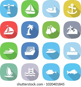 flat vector icon set - lighthouse vector, boat, sea shipping, anchor, sail, palm, flippers, surfer, jet ski, cruise ship, yacht, shark flipper, windsurfing, pool, fish