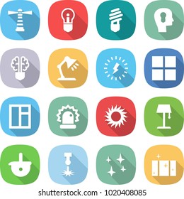 flat vector icon set - lighthouse vector, bulb, head, brain, table lamp, lightning, window, alarm, sun, floor, ladle, laser, shining, clean