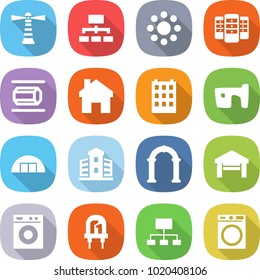 flat vector icon set - lighthouse vector, hierarchy, round around, server, nano tube, home, building, slum, hangar, arch, garage, washing machine, led