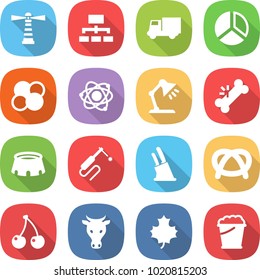 flat vector icon set - lighthouse vector, hierarchy, truck, diagram, atom core, table lamp, broken bone, stadium, welding, knife holder, pretzel, cherry, cow, maple leaf, foam bucket