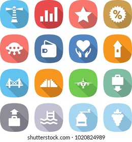 flat vector icon set - lighthouse vector, graph, star, percent, ufo, wallet, health care, tower, bridge, pyramid, plane, baggage get, pool, hand mill, grape