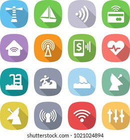 flat vector icon set - lighthouse vector, boat, wireless, tap to pay, home, antenna, mobile, heart pulse, pool, surfer, shark flipper, satellite, setup