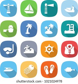 flat vector icon set - lighthouse vector, boat, sea shipping, port, palm, island, pool, diving mask, surfer, handwheel, life vest, yacht, jellyfish, flip flops, fish