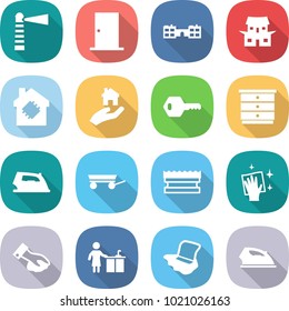 flat vector icon set - lighthouse vector, door, school, japanese house, smart, real estate, key, chest of drawers, iron, trailer, sponge, wiping, kitchen cleaning, floor washing