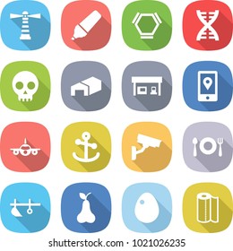 flat vector icon set - lighthouse vector, marker, hex molecule, dna, skull, warehouse, gas station, mobile location, plane, anchor, surveillance camera, fork spoon plate, plow, pear, egg