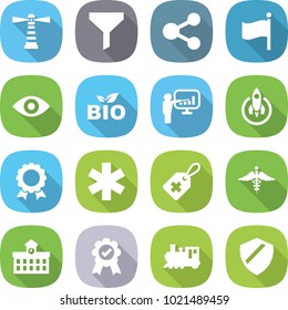 flat vector icon set - lighthouse vector, funnel, share, flag, eye, bio, presentation, rocket, medal, ambulance star, medical label, sign, university, train, shield