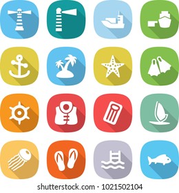 flat vector icon set - lighthouse vector, sea shipping, port, anchor, island, starfish, flippers, handwheel, life vest, inflatable mattress, windsurfing, jellyfish, flip flops, pool, fish