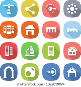 flat vector icon set - lighthouse vector, molecule, cell corection, round around, server, home, bridge, skyscrapers, skyscraper, house, arch, atom core, photon, barn