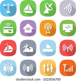 flat vector icon set - lighthouse vector, boat, satellite antenna, wireless, tap to pay, home, monitor pulse, sail, surfer, shark flipper, magnetic field, setup, signal