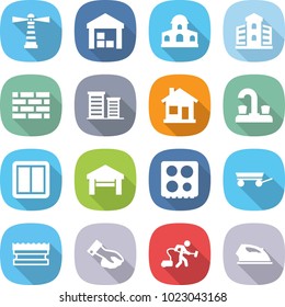 Flat Vector Icon Set - Lighthouse Vector, Warehouse, Mansion, Building, Brick Wall, District, Home, Water Tap, Power Switch, Garage, Hob, Trailer, Sponge, Wiping, Vacuum Cleaner, Iron