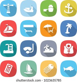 flat vector icon set - lighthouse vector, sea shipping, port, anchor, sail boat, lounger, palm, pool, diving mask, surfer, life vest, inflatable mattress, windsurfing, jellyfish, fish