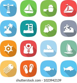 flat vector icon set - lighthouse vector, boat, port, sail, island, pool, flippers, surfer, handwheel, life vest, shark flipper, windsurfing, jellyfish, flip flops, fish