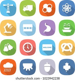 flat vector icon set - lighthouse vector, truck, atom core, table lamp, market, stomach, fountain, flippers, watch, welcome mat, pretzel, rain cloud, udder, acorn, maple leaf