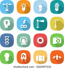 flat vector icon set - lighthouse vector, bulb, head, infinity power, outdoor light, traffic, alarm, sun, camera, led, clean window, hard reach place cleaning