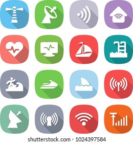 flat vector icon set - lighthouse vector, satellite antenna, wireless, home, heart pulse, monitor, sail boat, pool, surfer, jet ski, shark flipper, signal