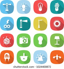 flat vector icon set - lighthouse vector, bulb, infinity power, outdoor light, sun, disco ball, camera, floor lamp, led, ladle, siren, hard reach place cleaning