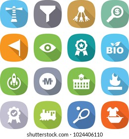 flat vector icon set - lighthouse vector, funnel, share, dollar magnifier, flag, eye, medal, bio, rocket, crypto currency, university, flammable, train, tennis, handle washing