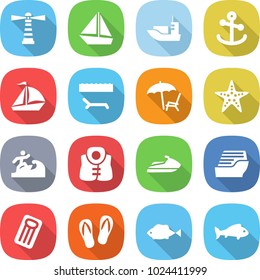 flat vector icon set - lighthouse vector, boat, sea shipping, anchor, sail, lounger, starfish, surfer, life vest, jet ski, cruise ship, inflatable mattress, flip flops, fish