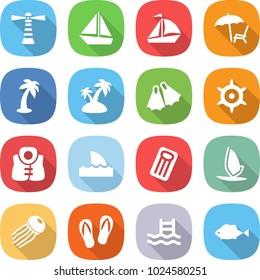 flat vector icon set - lighthouse vector, boat, sail, lounger, palm, island, flippers, handwheel, life vest, shark flipper, inflatable mattress, windsurfing, jellyfish, flip flops, pool, fish