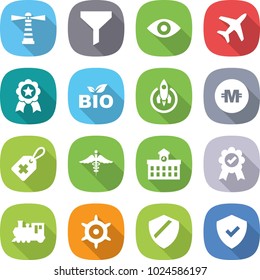 flat vector icon set - lighthouse vector, funnel, eye, plane, medal, bio, rocket, crypto currency, medical label, ambulance sign, university, train, handwheel, shield