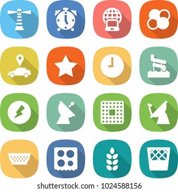 flat vector icon set - lighthouse vector, alarm clock, notebook globe, atom core, car pointer, star, aquapark, electricity, satellite antenna, cpu, colander, hob, spike, trash bin