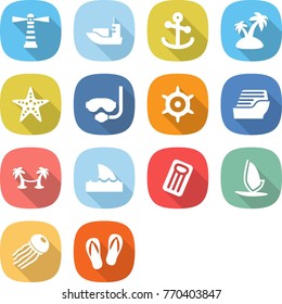 flat vector icon set - lighthouse vector, sea shipping, anchor, island, starfish, diving mask, handwheel, cruise ship, palm hammock, shark flipper, inflatable mattress, windsurfing, jellyfish