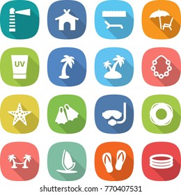 flat vector icon set - lighthouse vector, bungalow, lounger, uv cream, palm, island, hawaiian wreath, starfish, flippers, diving mask, lifebuoy, hammock, windsurfing, flip flops, inflatable pool