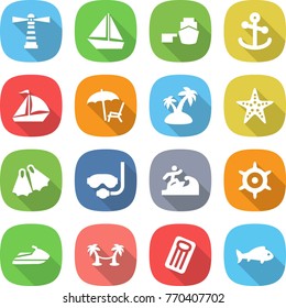flat vector icon set - lighthouse vector, boat, port, anchor, sail, lounger, island, starfish, flippers, diving mask, surfer, handwheel, jet ski, palm hammock, inflatable mattress, fish
