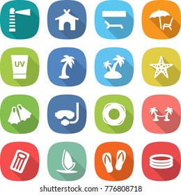 flat vector icon set - lighthouse vector, bungalow, lounger, uv cream, palm, island, starfish, flippers, diving mask, lifebuoy, hammock, inflatable mattress, windsurfing, flip flops, pool