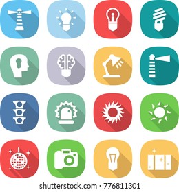 flat vector icon set - lighthouse vector, bulb, head, brain, table lamp, traffic light, alarm, sun, disco ball, camera, clean window