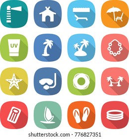 flat vector icon set - lighthouse vector, bungalow, lounger, uv cream, palm, island, hawaiian wreath, starfish, diving mask, lifebuoy, hammock, inflatable mattress, windsurfing, flip flops, pool