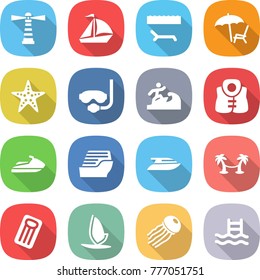 flat vector icon set - lighthouse vector, sail boat, lounger, starfish, diving mask, surfer, life vest, jet ski, cruise ship, yacht, palm hammock, inflatable mattress, windsurfing, jellyfish, pool
