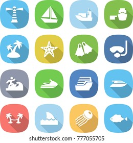 flat vector icon set - lighthouse vector, boat, sea shipping, port, island, starfish, flippers, diving mask, surfer, jet ski, cruise ship, yacht, palm hammock, shark flipper, jellyfish, fish
