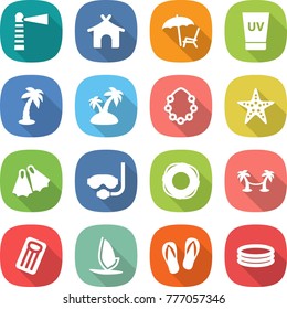 flat vector icon set - lighthouse vector, bungalow, lounger, uv cream, palm, island, hawaiian wreath, starfish, flippers, diving mask, lifebuoy, hammock, inflatable mattress, windsurfing, flip flops
