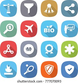 flat vector icon set - lighthouse vector, funnel, share, dollar magnifier, plane, bio, presentation, spinner, crypto currency, medal, ambulance star, flammable, tennis, shield