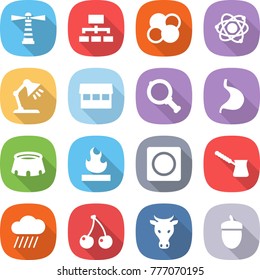 flat vector icon set - lighthouse vector, hierarchy, atom core, table lamp, market, magnifier, stomach, stadium, flammable, ring button, turk, rain cloud, cherry, cow, acorn