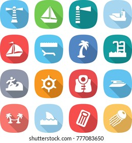 flat vector icon set - lighthouse vector, boat, sea shipping, sail, lounger, palm, pool, surfer, handwheel, life vest, yacht, hammock, shark flipper, inflatable mattress, jellyfish